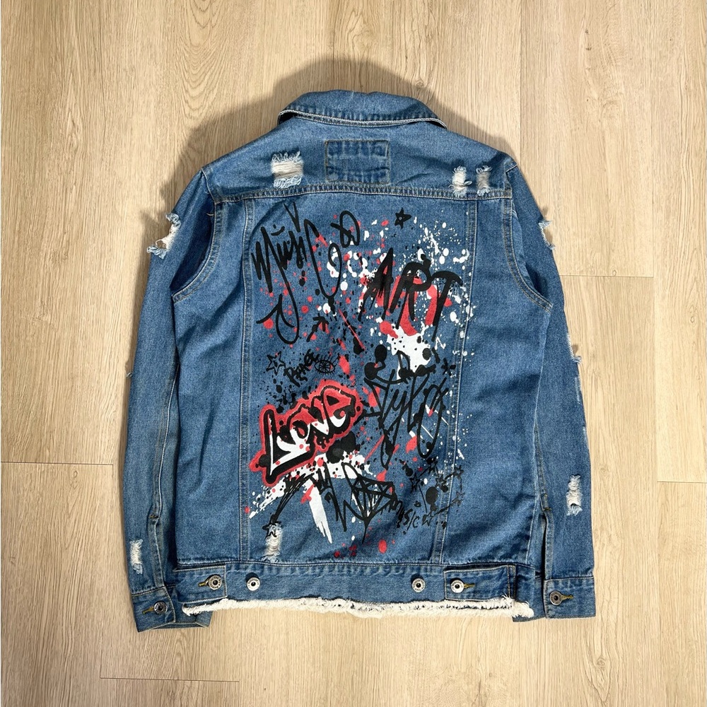 Graffiti Denim Jacket with Red and Black Accents